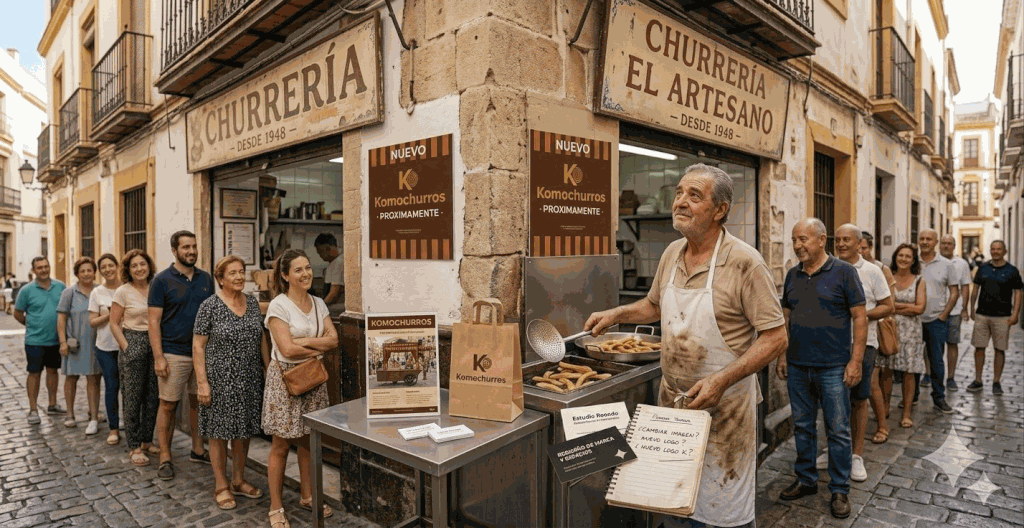 Dos imágenes fusionadas para ver el efecto de una churrería antigua y como quedaría con la imagen de marca Komochurros